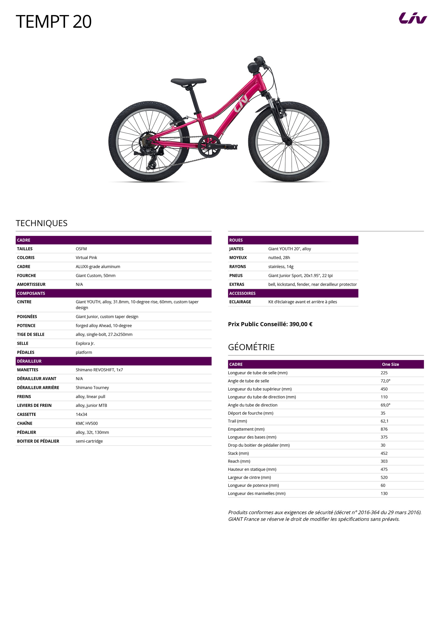 Fiche technique du velo Tempt 20 année 2026